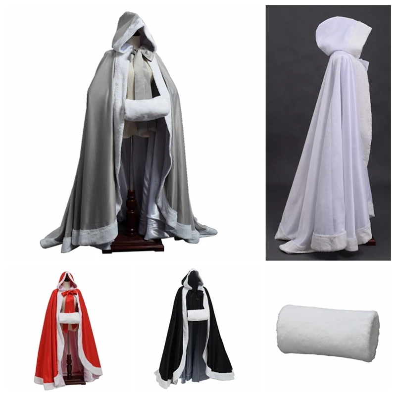 Искусственный мех отделка атлас белый красный свадебный с капюшоном средневековый плащ Свадебная накидка зимнее свадебное платье шаль куртка