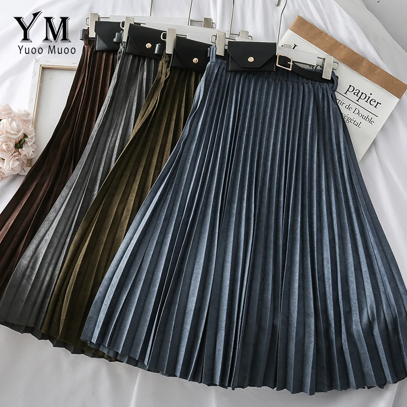

YuooMuoo New 2019 Women Velvet Skirt Autumn Elastic High Waist Vintage Pleated Skirt Ladies Elegant Pu Sashes Bandage Midi Skirt