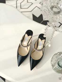 

2020 Spring and Summer New Pointed Thin Heeled Slipper Crystal Closed-Toe Slippers Patent Leather High Heel Mules Shoes Women