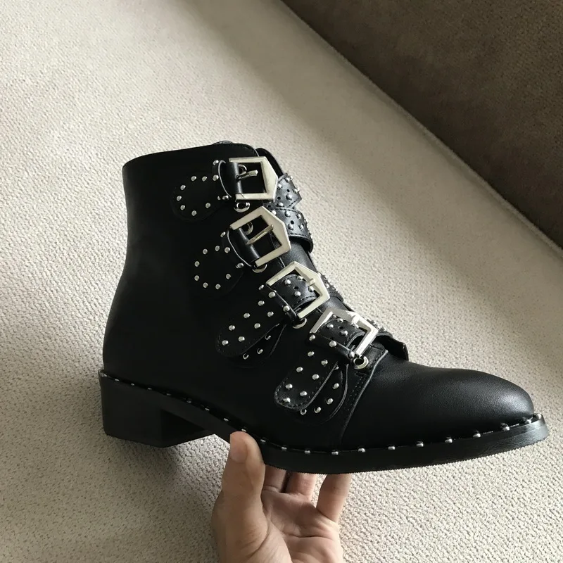 Luxury Brand Silver Buckle Ankle Boots For Women INS Street Style Rivet Women Boots Winter Warm Low Heel Punk Shoes Woman