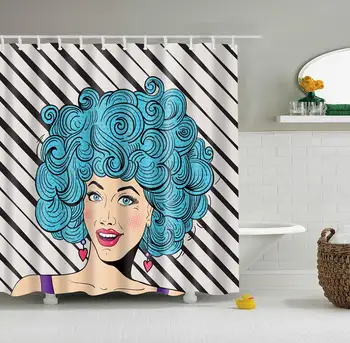 

Girl and Black Stripe Pattern Digital Print Shower Curtains for Bathroom Decor,Polyester Waterproof Fabric Bath Curtain with 12