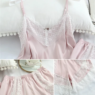 Pink Кружевная женская пижама комплект 2 шт. женские пижамы сексуальные пижама женская однотонный привлекательный Атлас шелковое белье кружевная рубашка с v-образным вырезом и шорты Летняя Милая домашняя одежда - Цвет: Pink