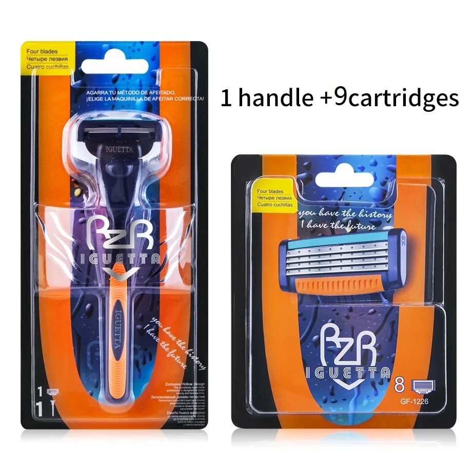 1 Handle 9 Blades RZRIGUETTA бритвы Для мужчин безопасный Гладкий высокое качество Сталь лезвия для бритья картридж 4-х слойное лезвие бритвы борода для удаления волос на теле - Цвет: 1 Handle 9 Blades