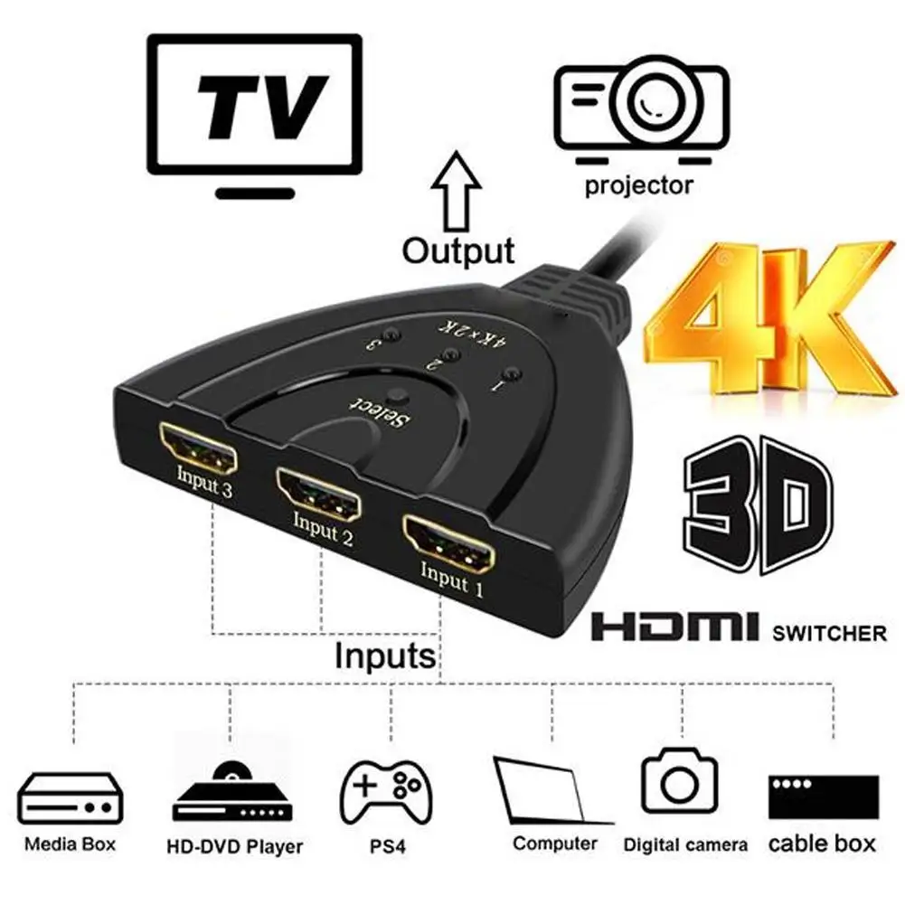 HDMI Switch 3 Port 4K HDMI Switcher 3 in 1 Out High Speed Switch Splitter Cable Supports Full HD 4K 1080P 3D Player HDTV PS3 PS4