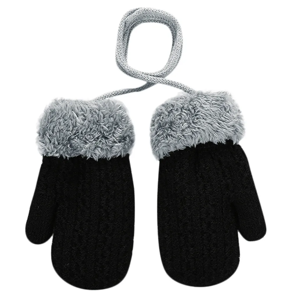 Детские осенне-зимние вязаные теплые перчатки для девочек и мальчиков, зимние Лоскутные теплые рукавицы, меховые зимние варежки на веревке черного цвета