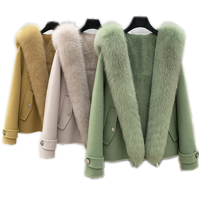 

Big fox fur collar wool double-sided coat coat rex rabbit fur lining parka overcoat fur women