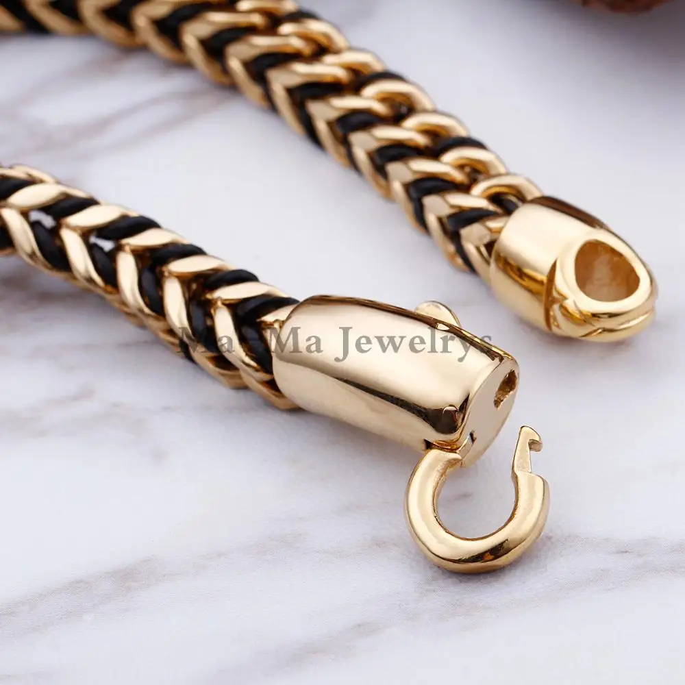 Trendy Vintage Leather Braided Cords Mens Gold Stainless Steel Franco Bracelet 9
