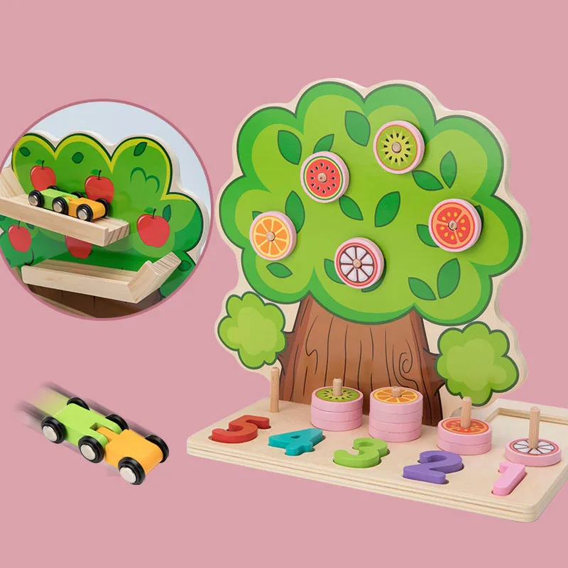 

Children Wooden Multifunctional Fruit Tree Slide Car Toddler Digital Matching Toy Back Car Early Education Toys Kids Gifts