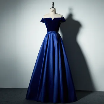 

Elegant High-end Navy Blue Lady Evening Party Gown Qipao Exquisite Off Shoulder Robe De Soiree Full Length Ball Wedding Dress