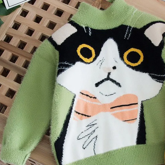 Зеленый Autumn Winter sweater 2-6 years Baby kid children girls boys cut cotton cat long sweater outwear clothes - Цвет: Зеленый