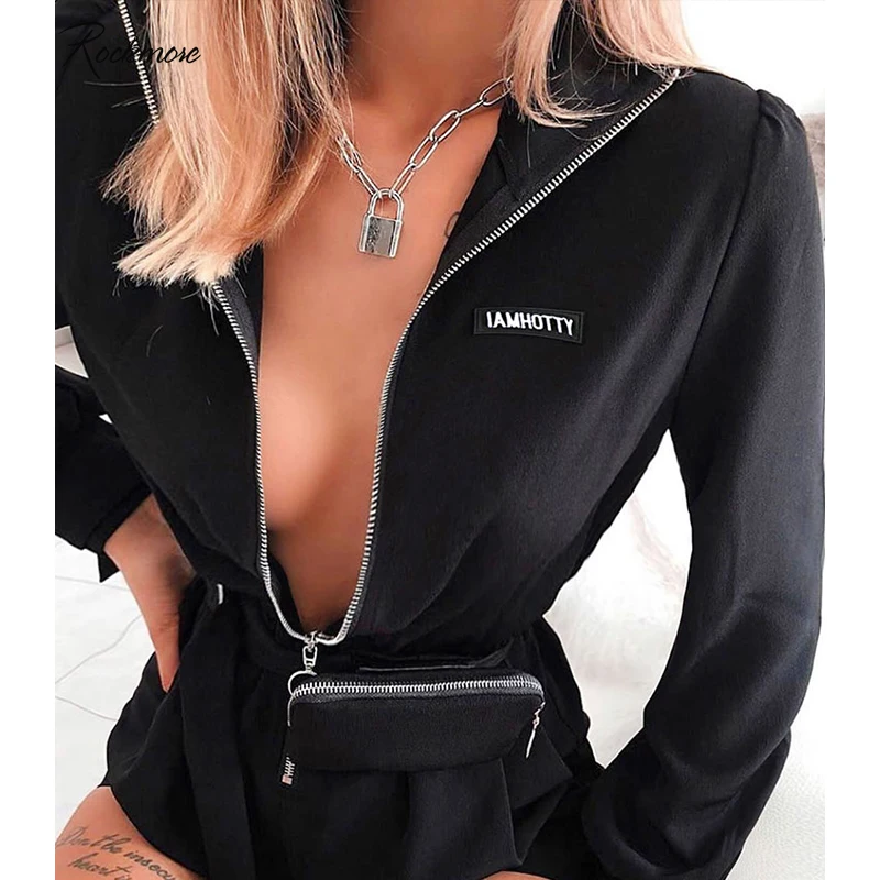 

Rockmore Letter Printed Zipper Playsuits Women Long Sleeve Condole Bow Belt Autumn Turtleneck Playsuit Femme Bodysuits Pockets