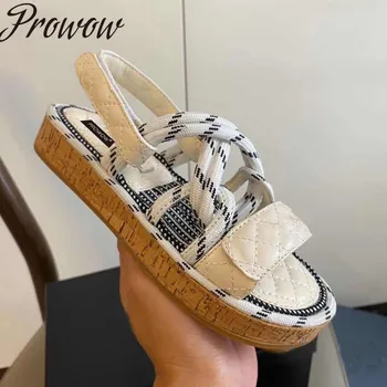 

Prowow New Genuine Leather HIgh Quality Luxury Brand Open Toe Flats Sandals Rope Crossed Runway Sandals Shoes Women