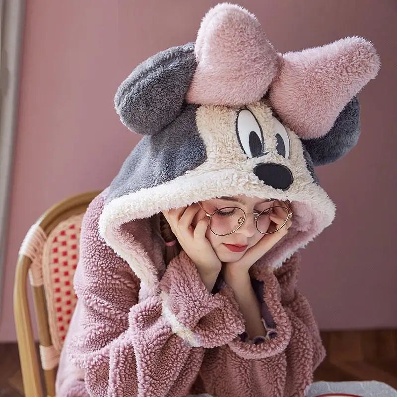 

Women's Pajamas Hooded Nightgown Plush Coral Fleece Sleepwear Women Autumn and Winter Home Clothes Cartoon Mouse Thicken Pijama