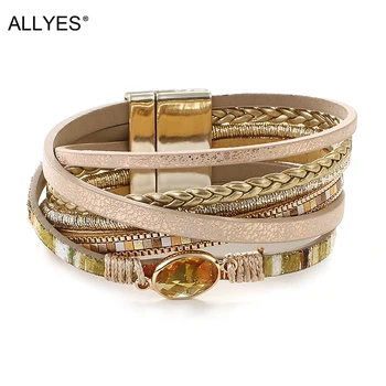 

ALLYES Crystal Leather Bracelets for Women 2020 Fashion Multilayer Rhinestone Boho Braid Charm Wrap Bracelet Female Jewelry