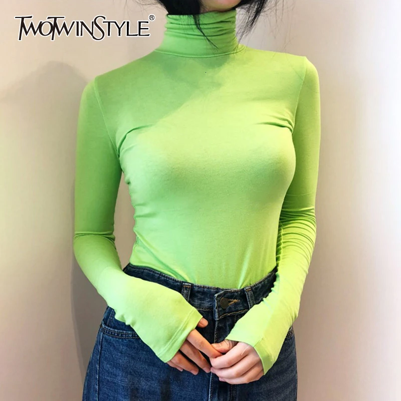 TWOTWINSTYLE белые минималистичные женские футболки водолазка длинный рукав тонкая