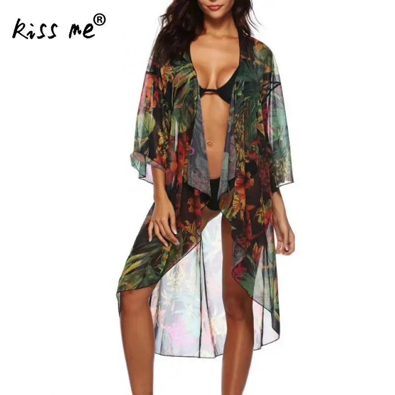 

Irregular Swimming Cover Up Chiffon See Through Sexy Bikini Cover Ups Women Beach Wear Dress Tunic Floral Beach Dress