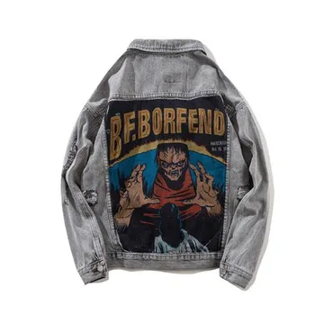 

2020 Streetwear Character Demon Printed Denim Jacket Men's Hole Black Hip Hop Windbreaker Jeans Jacket Men's Winter