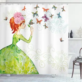 

Butterfly Shower Curtain Floral Lady in Green Dress with Leaf Ornaments Flower Pastel Butterfly Bathroom Decor Set with Hooks