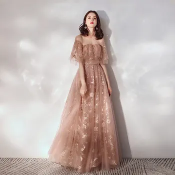 

Formal Evening Dresses K389 A-Line Long Women Party Dress Ruched High Collar Robe De Soiree Short Sleeve Elegant Gowns 2020