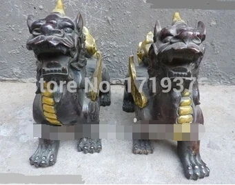 

free shipping<<< 8"Chinese Bronze Gild Unicorn Kylin Statue Pair