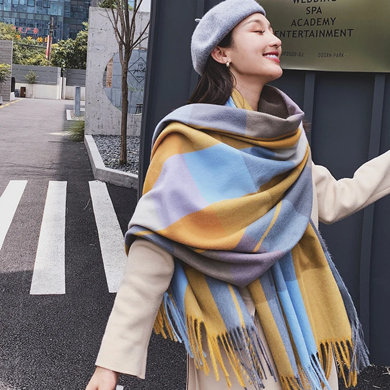 

Colorful Plaid Cashmere Shawl for Women Winter Plaid Scarves Female Poncho Ladies Wool Blends Pashmina Women Warm Tippet Scarfs