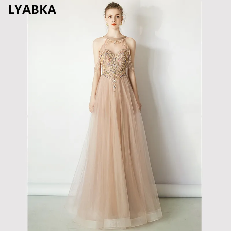 Vestido de festa, ТРАПЕЦИЕВИДНОЕ вечернее платье с v-образным вырезом на спине, длинное платье с бретелькой через шею, Тюлевое вечернее платье с бусинами, элегантное вечернее платье