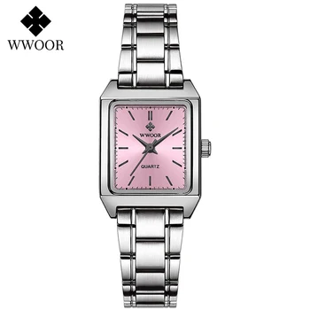 

xfcs WWOOR Fashion Brand Pink Watch For Women reloj mujer Luxury Elegant Quartz Small Square Bracelet Watches Ladies reloj mujer