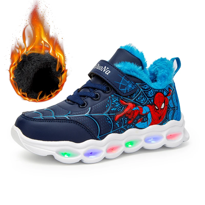 Зимняя плюшевая светящаяся детская обувь «Человек-паук» для мальчиков и девочек; светильник; Детские светящиеся кроссовки; сетчатая спортивная обувь