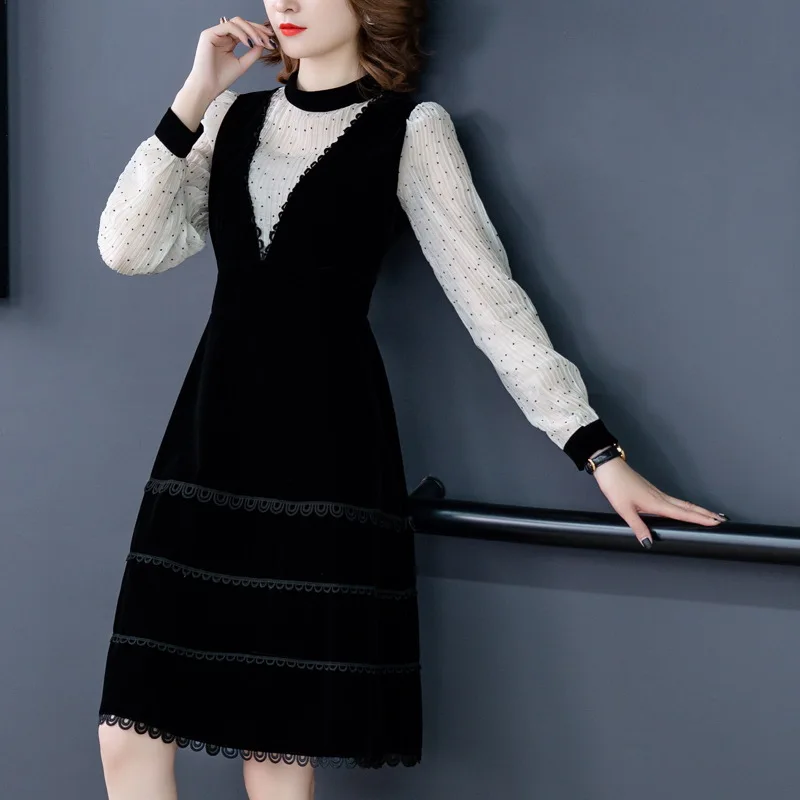 

Europe And America Polka Dot Gauze Splicing Dress Women's 2019 Autumn New Style Stand Collar-Style Elegant Hepburn Wind Black Dr