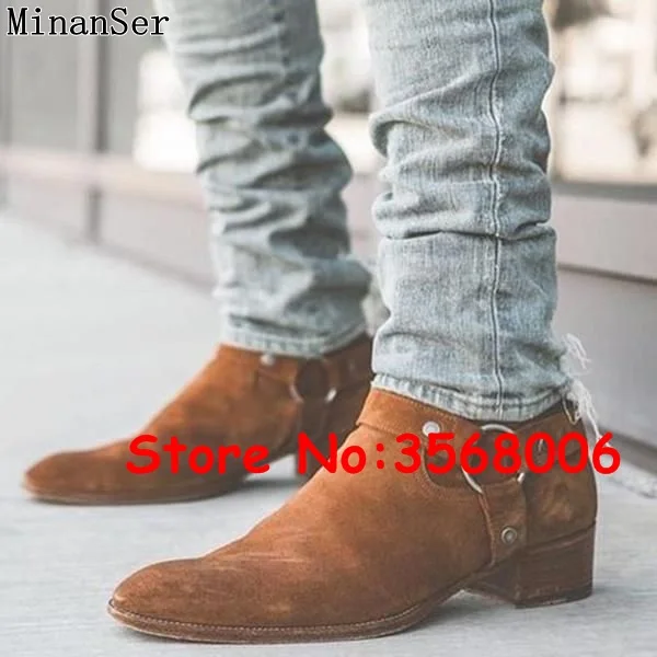 British Style Pointed Toe Chelsea Boots Men Casual Flat Ankle Shoes Real Suede Leather Male Casual Outdoor Autumn Boots Big Size