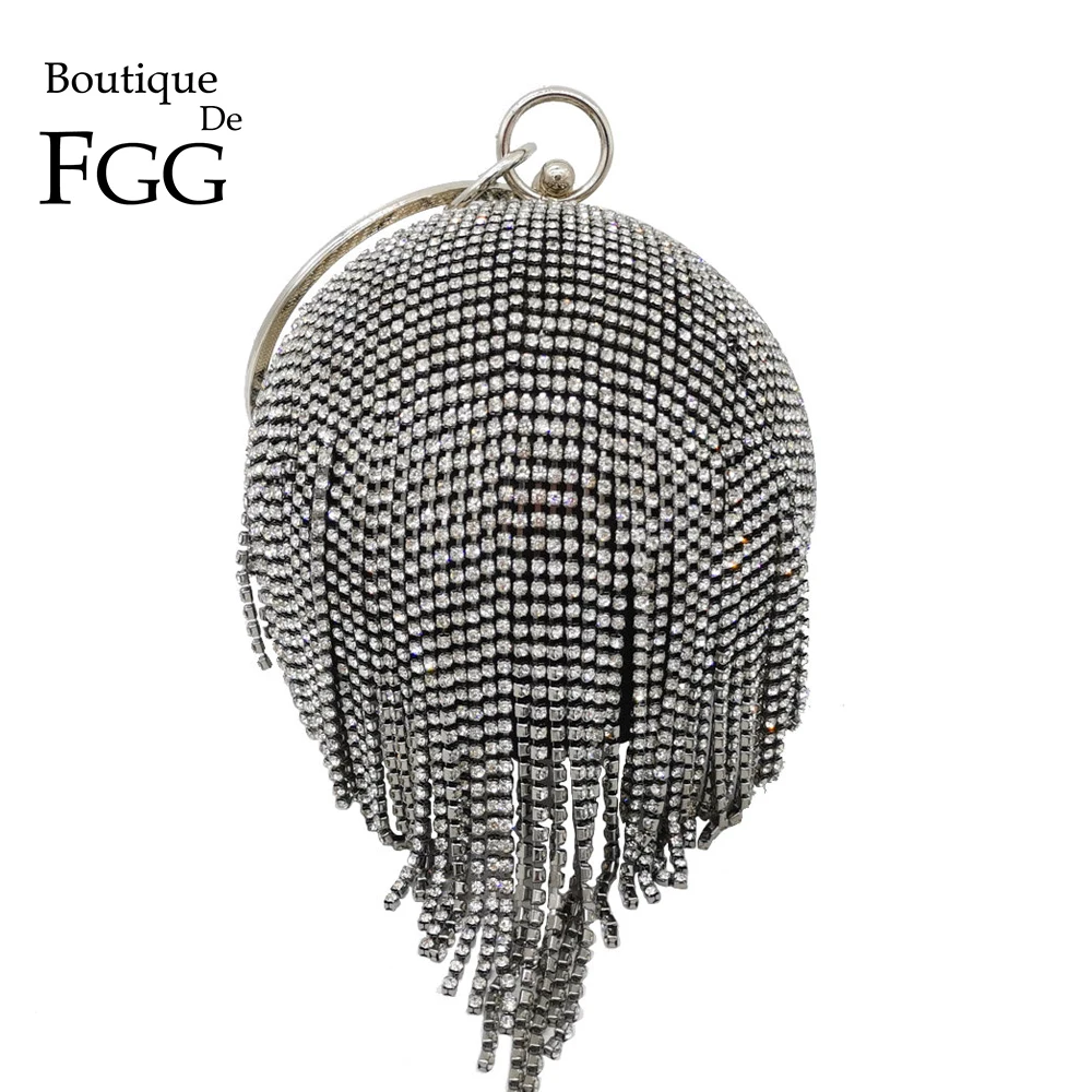 Boutique De FGG Round Tassel Crystal Clutch Purses For Women Black Evening Bags Wedding Party Dinner Bridal Diamond Handbags