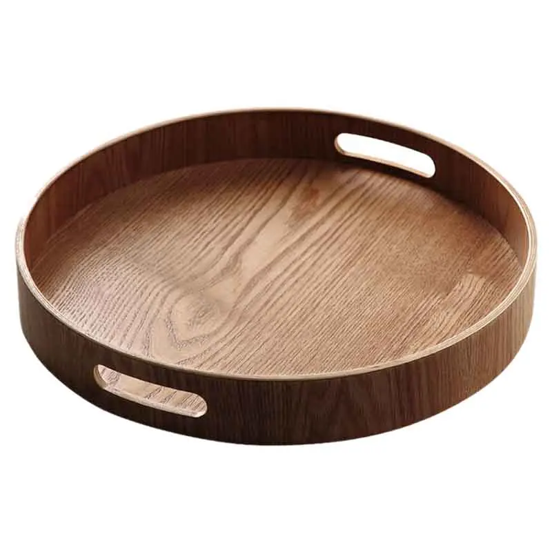 Большая сделка круглый сервировочный бамбуковый деревянный поднос для обеденных подносов чайный бар контейнер для завтрака с ручкой лоток для хранения#2