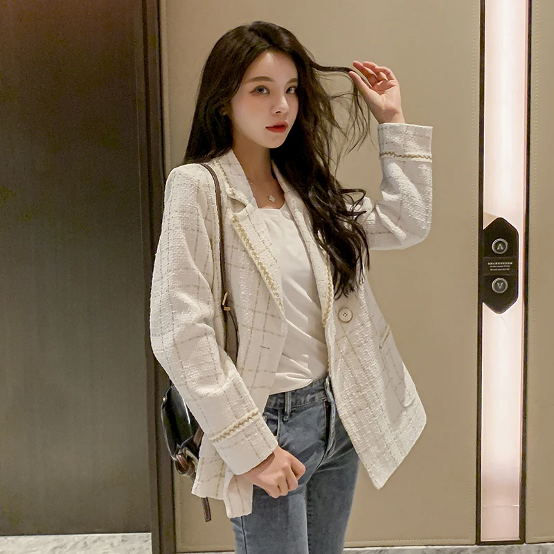 

Women Blazer 2020 Elegant Office Ladies White Plaid Loose Coat Jacket Women Suit Blazer Female Double Breasted Business Blazer