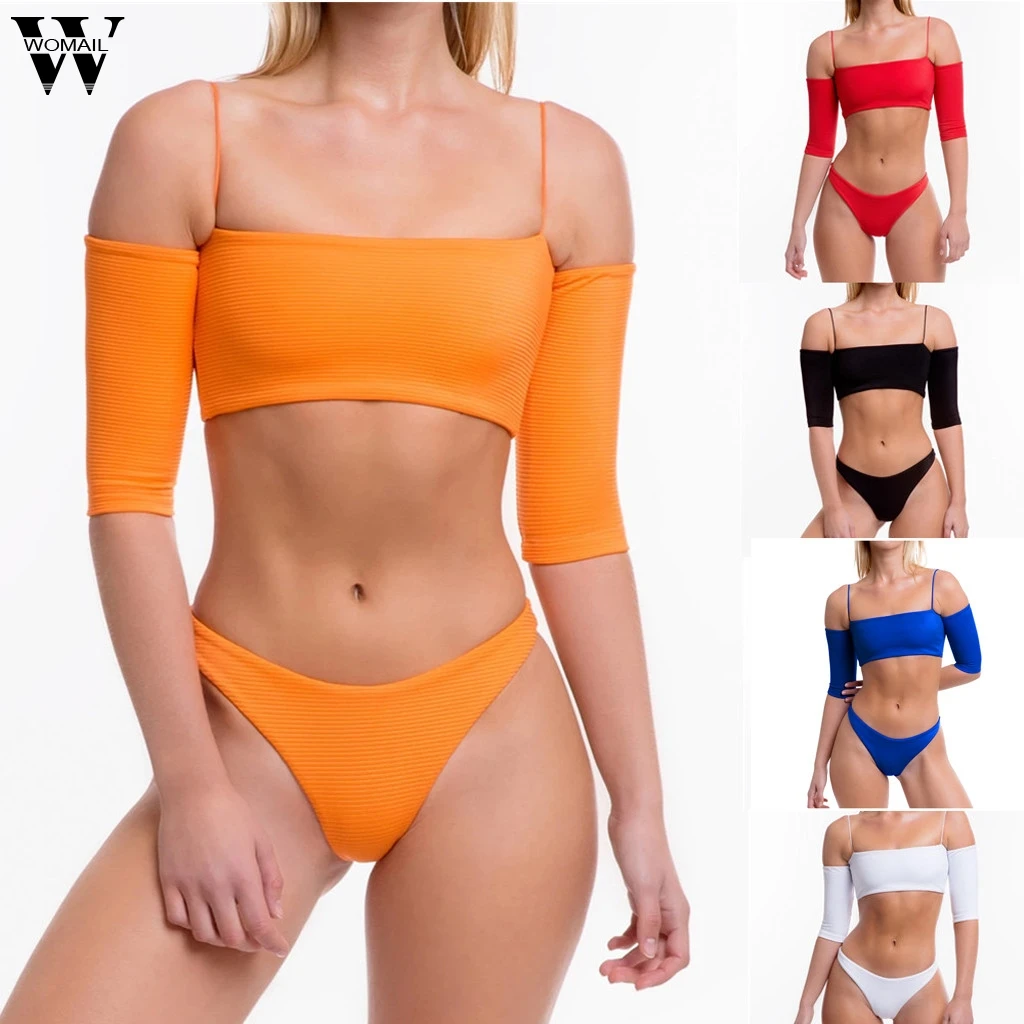

Bikini Woman summer Bandeau Push-Up Bikini Set Swimsuit Two-Piece Swimwear off shoulder Beach Wear Bath Suit Maillot De Bain P