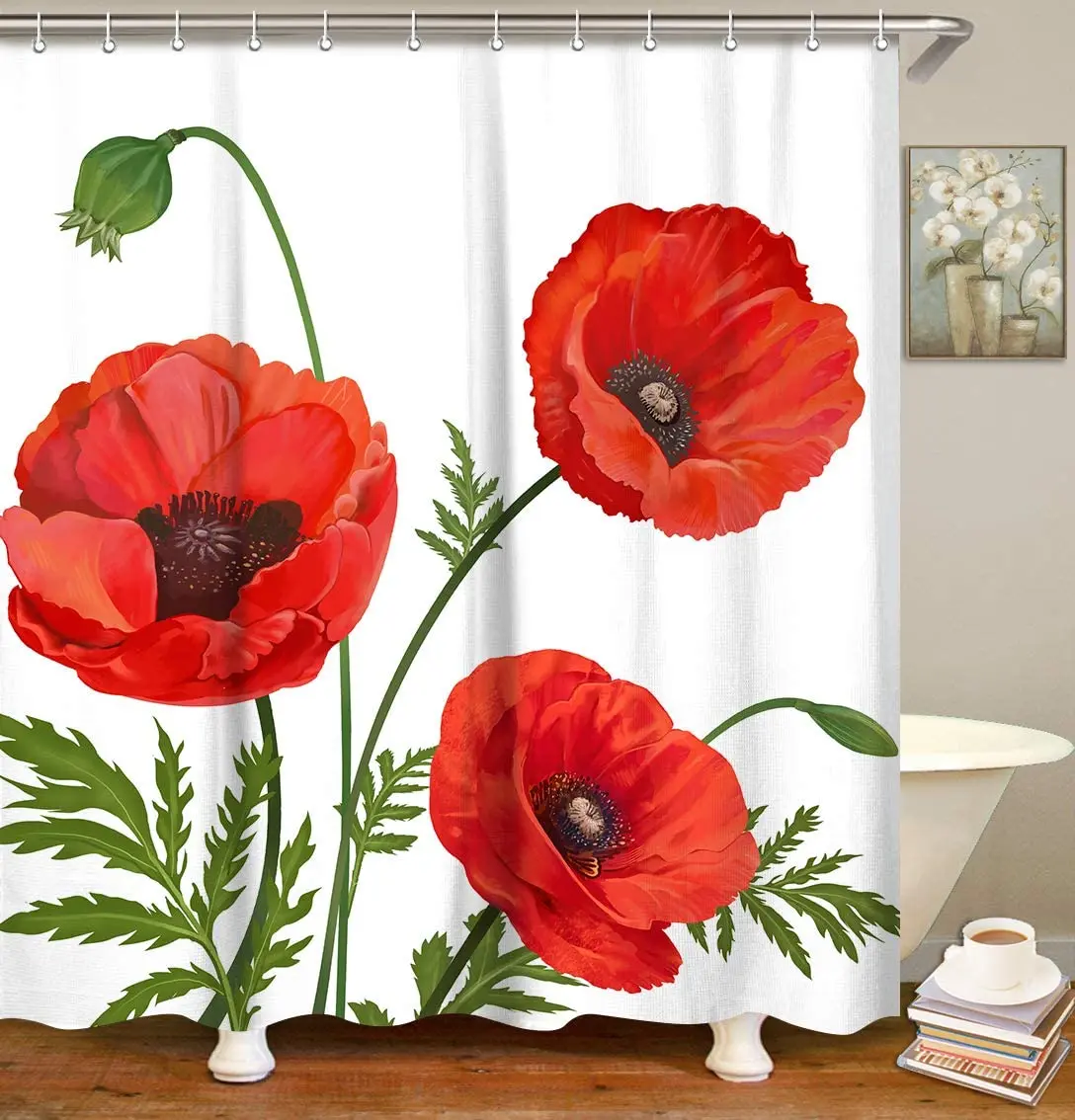 Poppy Shower Curtain Red Floral Fabric Bathroom Curtain Flowers Home