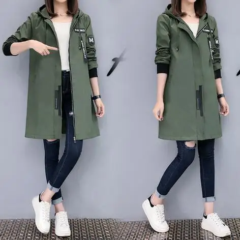Gabardina de manga larga con capucha para mujer, abrigo verde militar largo medio, abrigos femeninos DW690, invierno, 2020