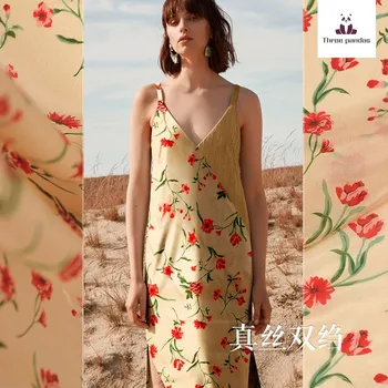 

Flower printing natural silk fabric meter 9 mm mulberry silk double crepe fabric drape shirt dress fabric wholesale silk cloth