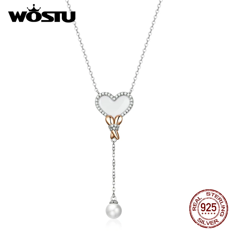 WOSTU, настоящее 925 пробы, серебряное ожерелье в форме сердца с жемчугом, свисающая цепочка для женщин, свадебные ювелирные изделия 925, BSN154