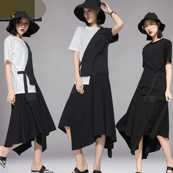 

European station summer new irregular t-shirt top casual half-length skirt a-line high waist skirt slimming two-piece suit tide