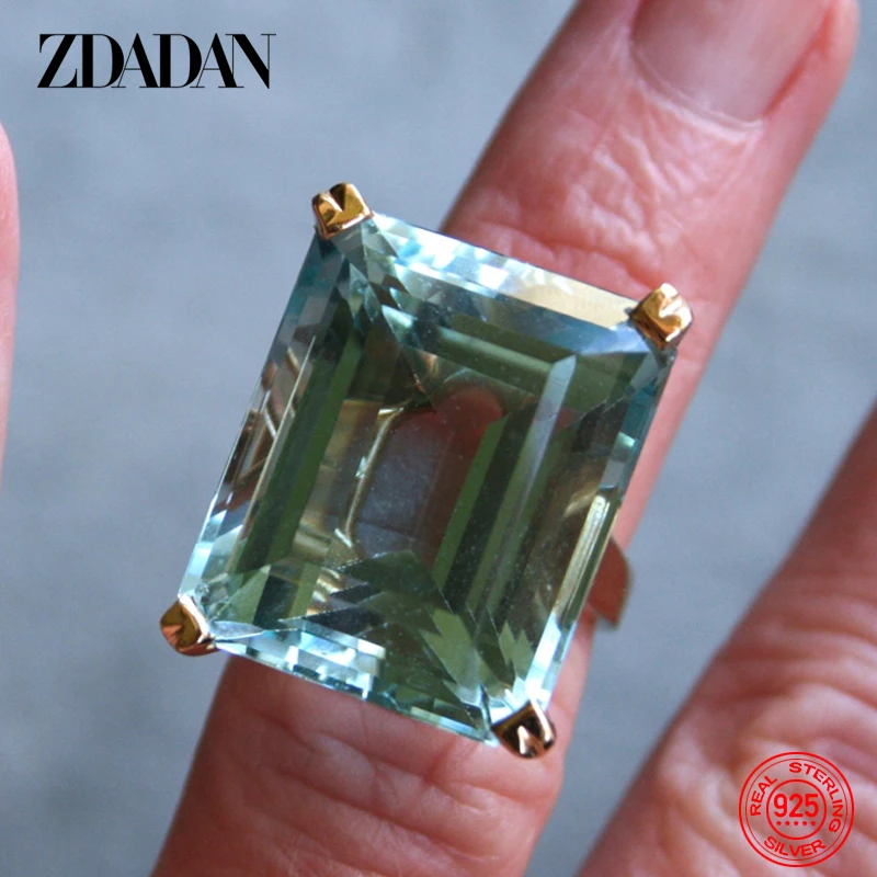 ZDADAN 925 Sterling Silver Aquamarine Gemstone Ring For Women Fashion Party Jewelry Gifts
