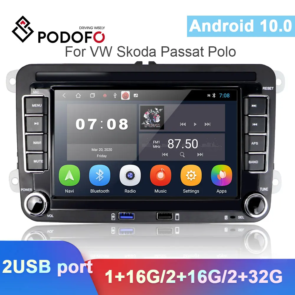 Podofo 2 Din Android автомобильный GPS мультимедийный плеер навигация Авторадио для VW