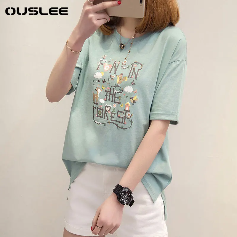 

Ouslee Korean Style Summer Women Cotton T-Shirt Short Sleeve Print Loose Short Sleeve T-shirts Letters Print Harajuku T-shirts