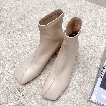 

PU Elastic Leather Woman Ankle Boots Square Toe Slip-on Women Winter Boots Soft Thick Heels Women High Heels Shoes Women Boots