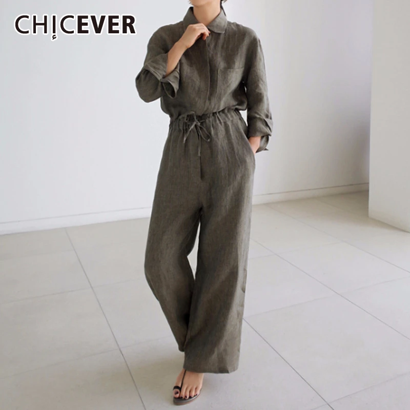 Женский льняной комбинезон CHICEVER весенний повседневный с отложным воротником
