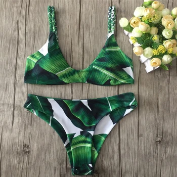 

Women's Brazilian Bikini Set Leaves Printed Bandage Swimwear Swimsuit Bathing Suits Beachwear New Bikinis 2018 Mujer