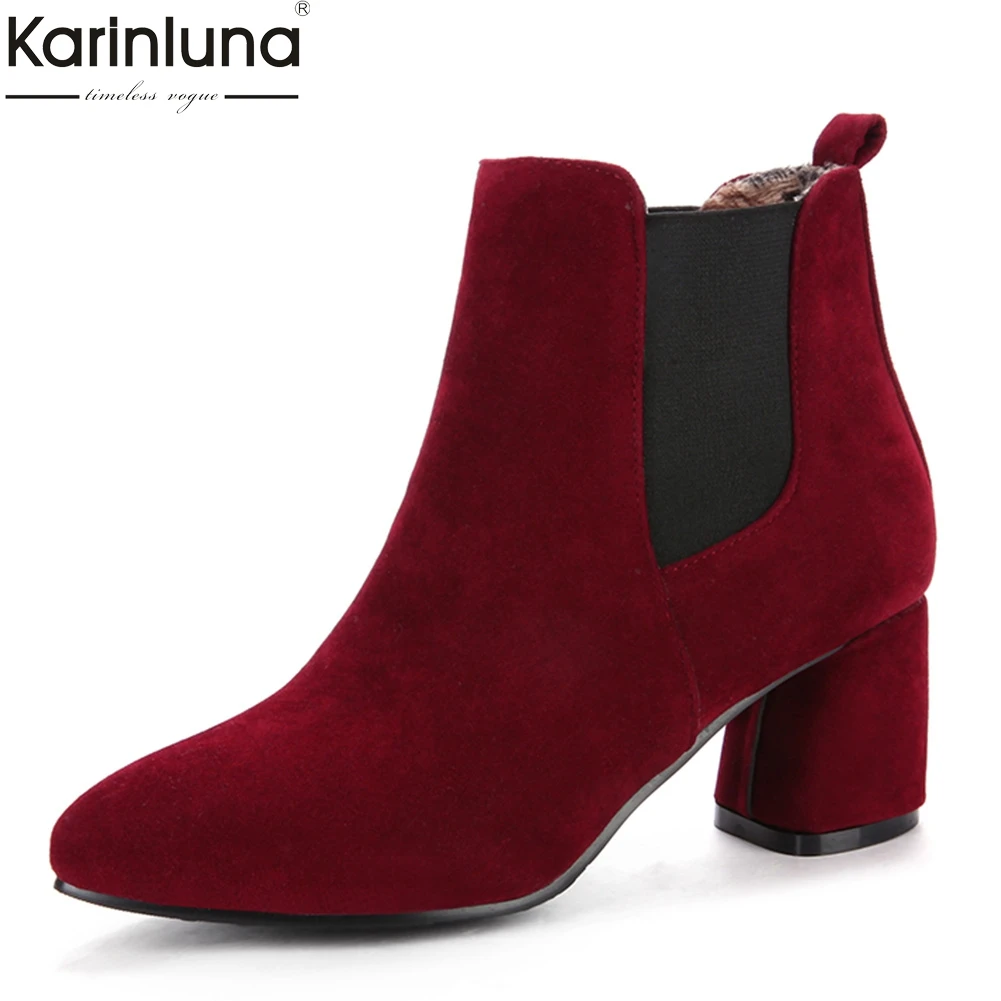 

KarinLuna 2019 Big Size 43 elegant flock high heels slip on office lady boots Ankle Boots Women Shoes Woman boots female