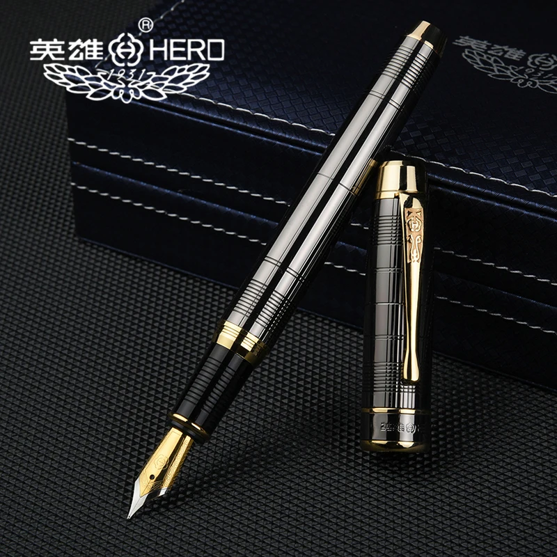 Hero 953 Metal Fountain Pen Brushed Grey Grids Patterns Iraurita Fine 0.5mm Golden Clip Writing Ink Pen for Business Office Home