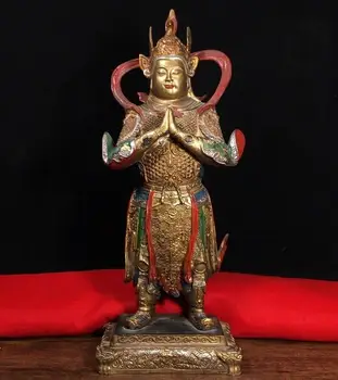 

14" Chinese old Antique bronze Coloured drawing Veda guanyin Bodhisattva statue