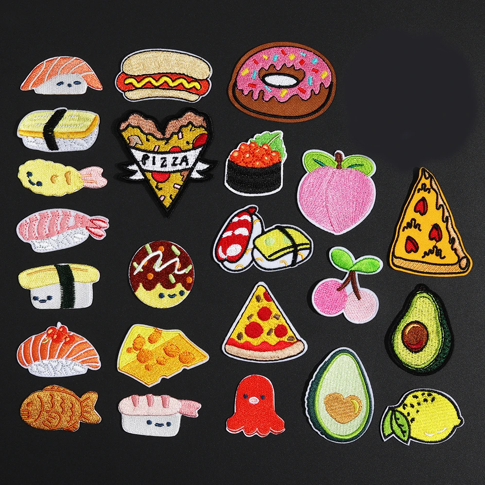 Iron On Cute Fruit Food Pizza Patches For Girl Clothes Appliques Embroidered Avocado Egg Patch For Backpack DIY Accessories