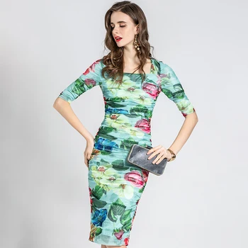 

Delocah Women Fashion Designer Summer Office Midi Dress Half Sleeve Draped Floral Print Elegant Bodycon Ladies Mesh Pencil Dress
